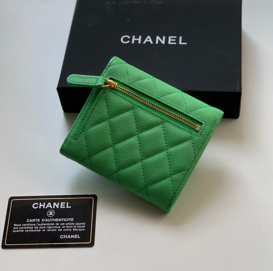 Chanel CF 三折短夾-綠色荔枝皮金釦