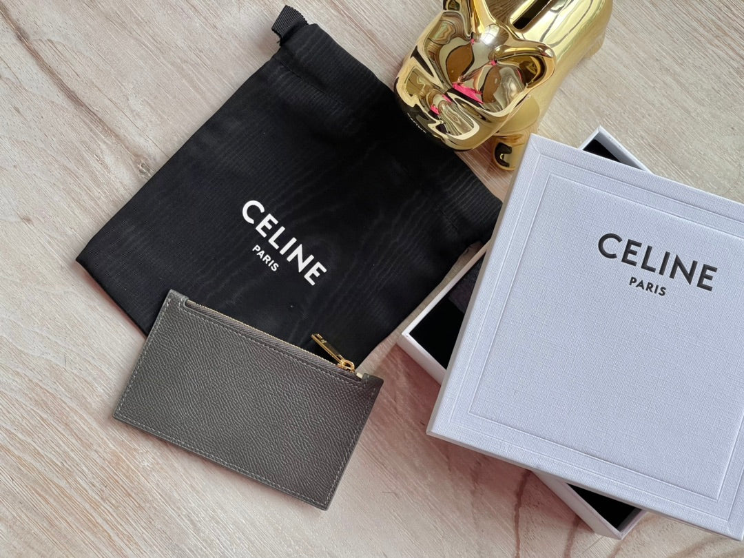 Celine 粒面小牛皮拉鍊卡包-鐵灰