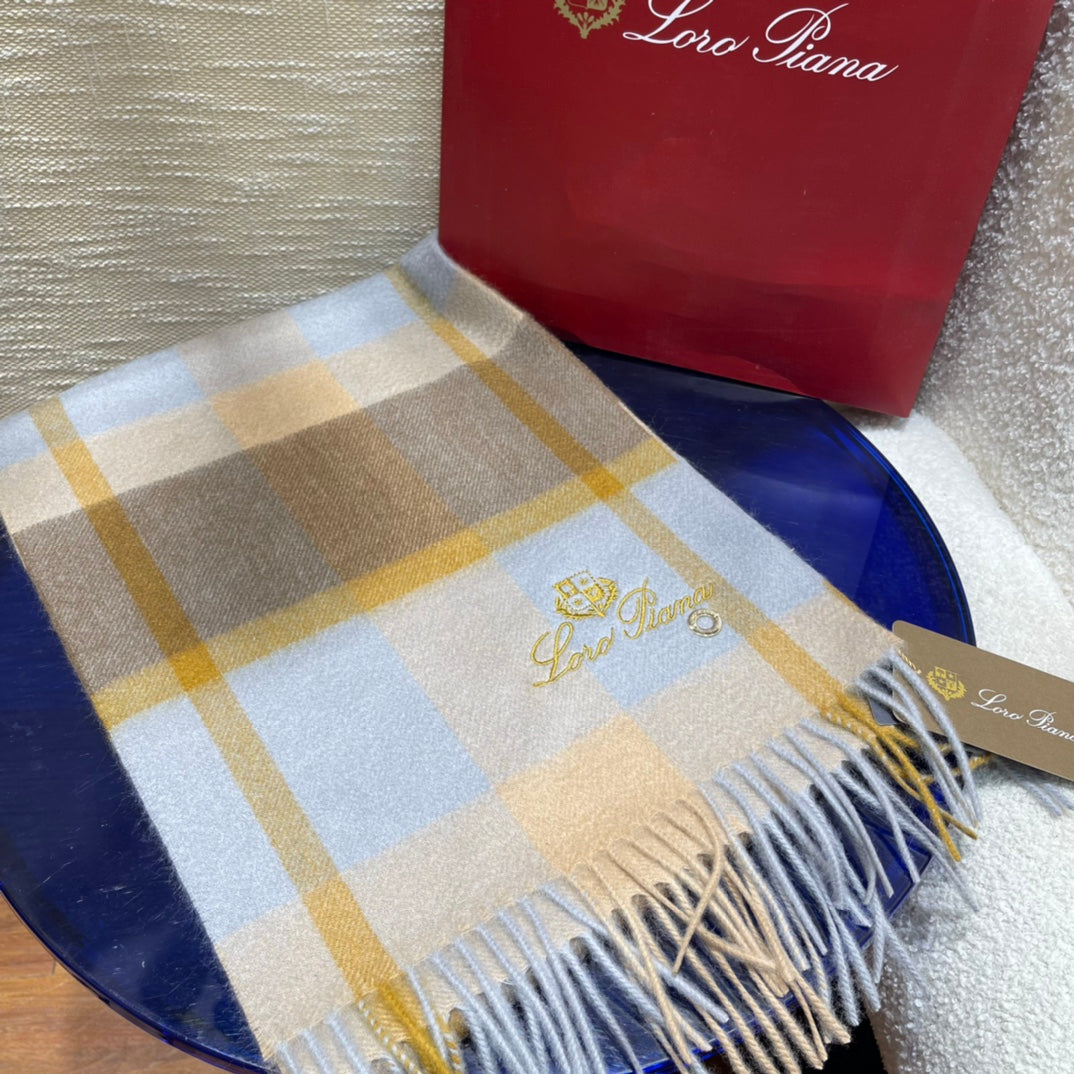 L-Piana-格子圍巾 30*168cm 100%羊絨 藍色