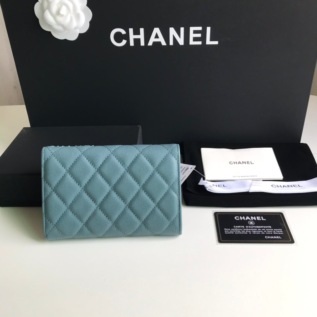 Chanel CF 三折中夾-霧霾藍荔枝皮金釦