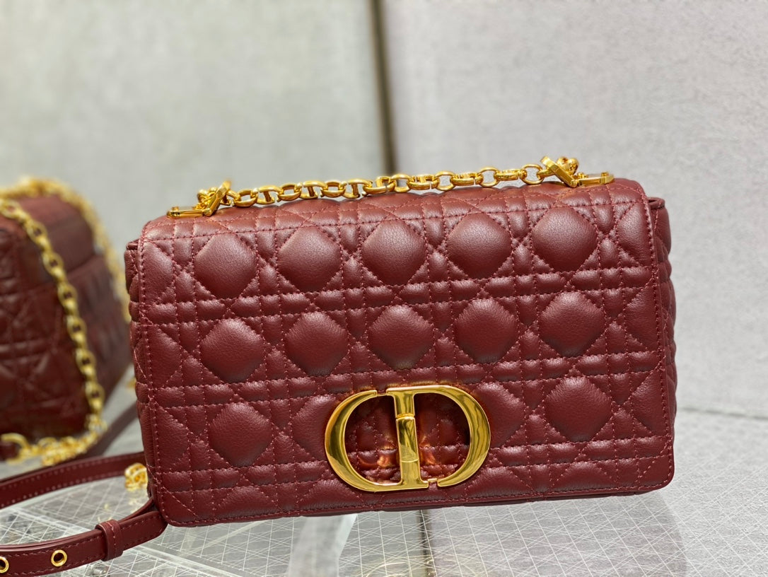 Dior-Caro 菱格紋 小牛皮 中號 酒紅色