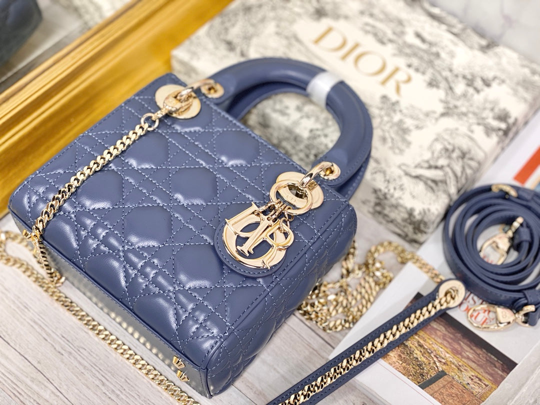 Dior-Mini Lady Dior手袋-三格黛妃-17cm-深藍丹寧金扣