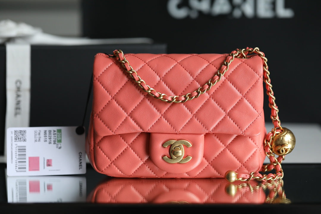 Chanel 金球方胖子口蓋包-珊瑚粉