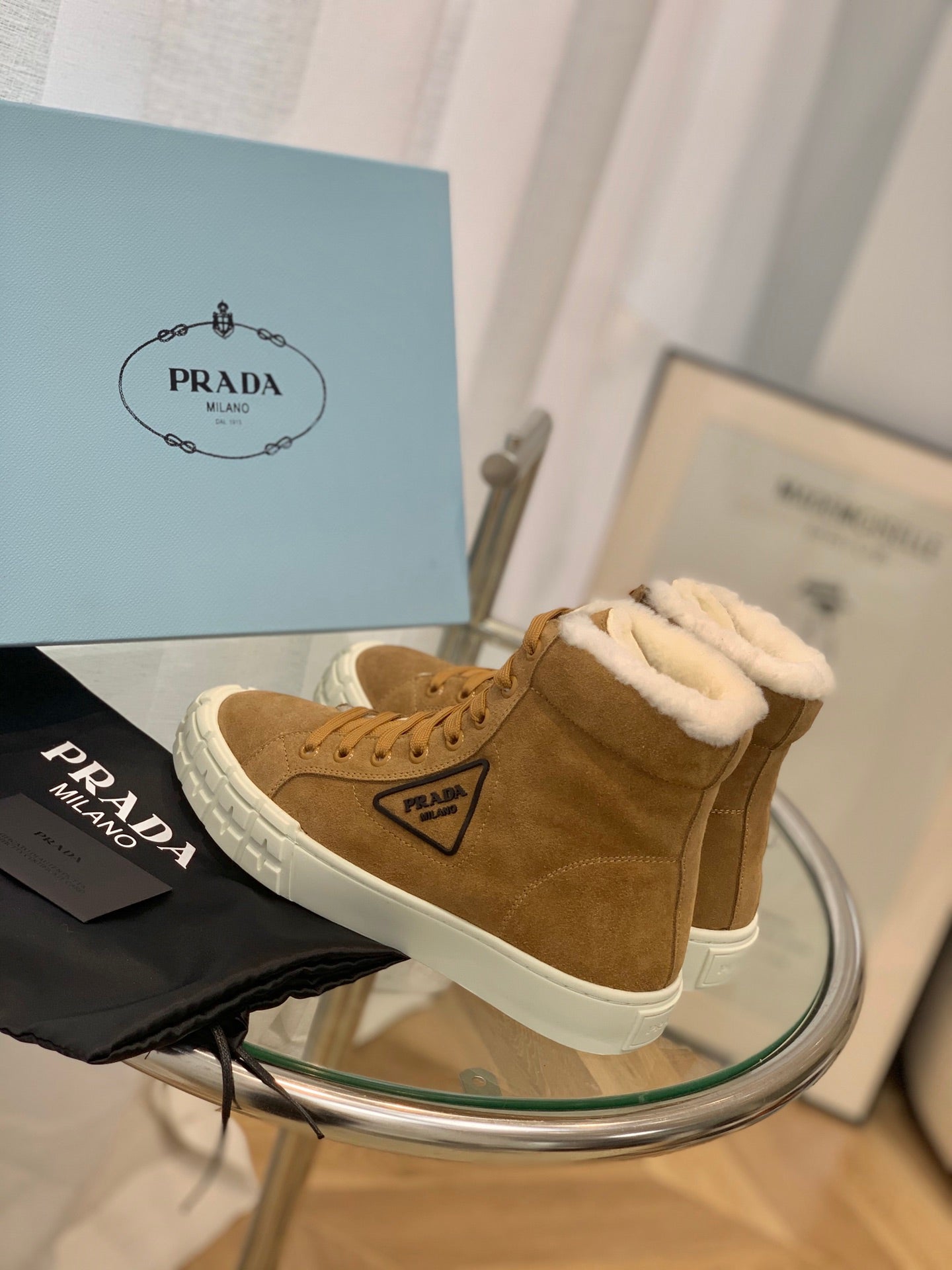 Prada鞋-Prada 厚底 毛毛 高筒 餅乾鞋（咖）