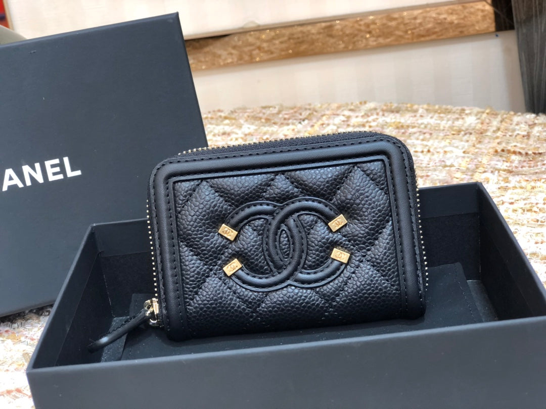 Chanel 復古CC荔枝牛皮拉鍊零錢包-仿舊五金