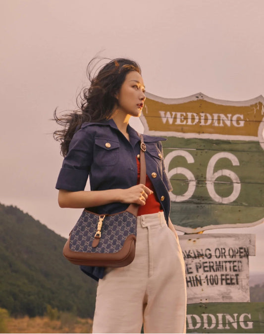 古G家-經典 Jackie 丹寧牛仔帆布手袋-上身圖參考 腋下包