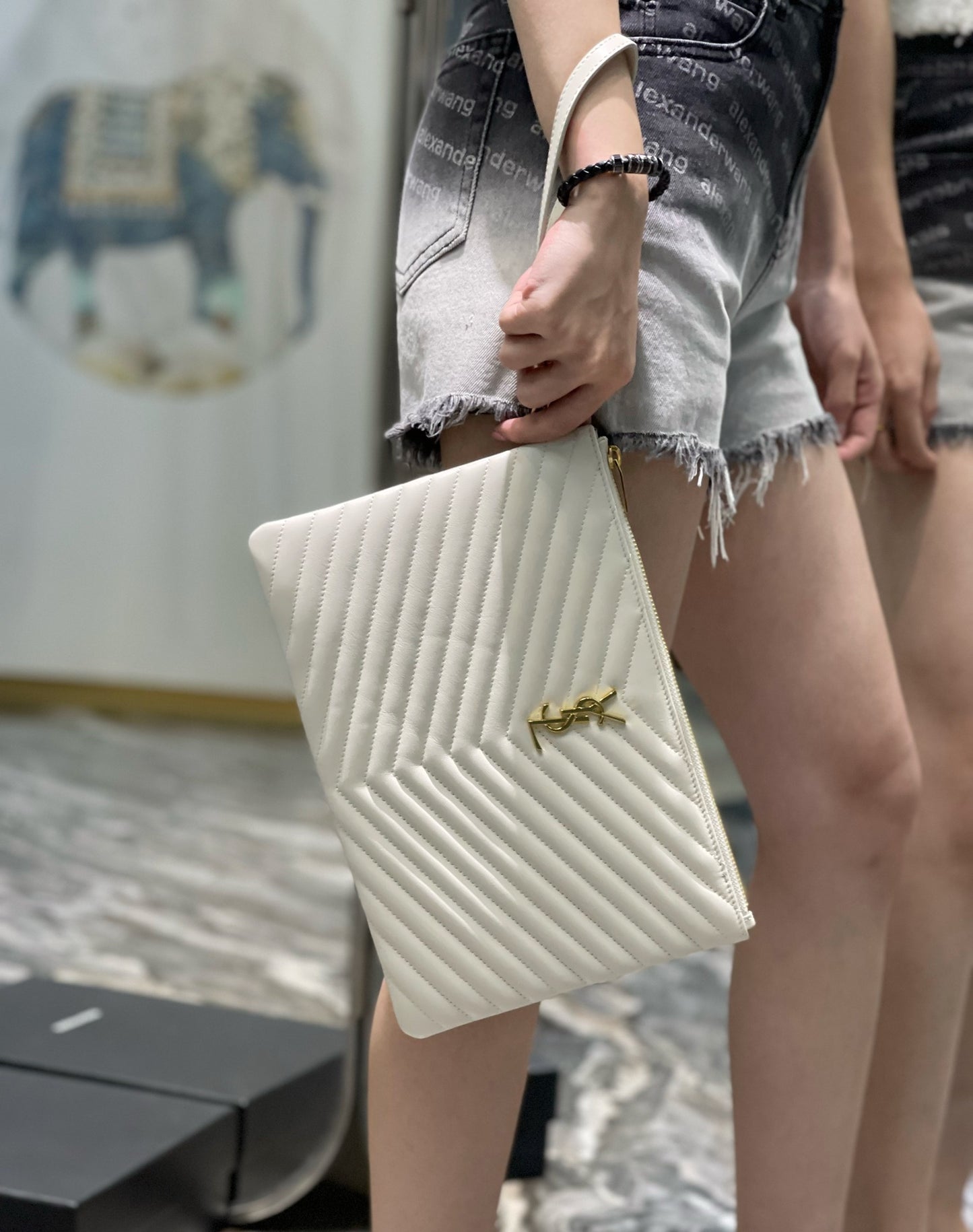 YSL_提花拼接文件手拿包-白色金扣-30cm