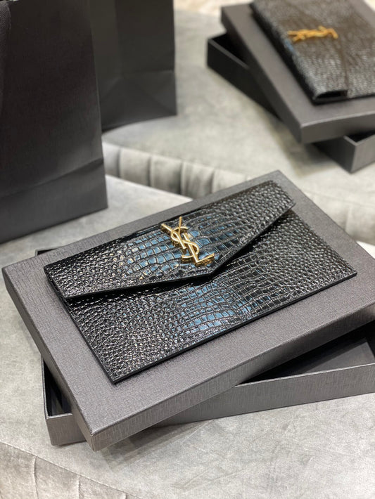 YSL ptown_新品手拿包-黑鱷魚紋金扣