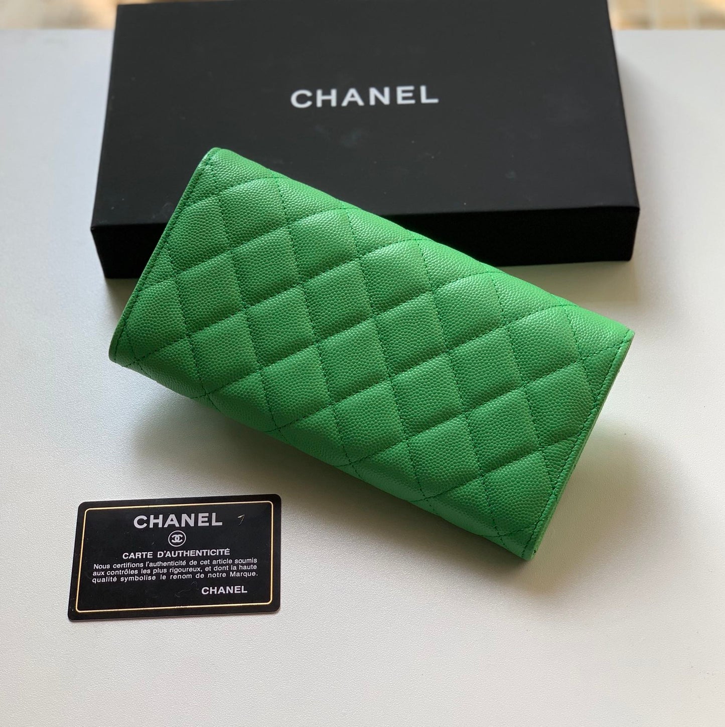 Chanel 經典CF翻蓋長夾-綠色荔枝皮金釦