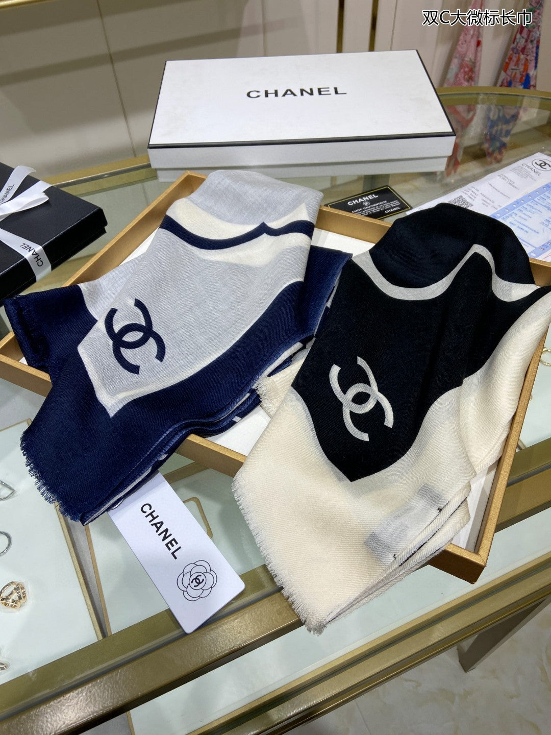 小香家-雙C大微標長圍巾 110*200cm 100%頂級羊絨 藍色