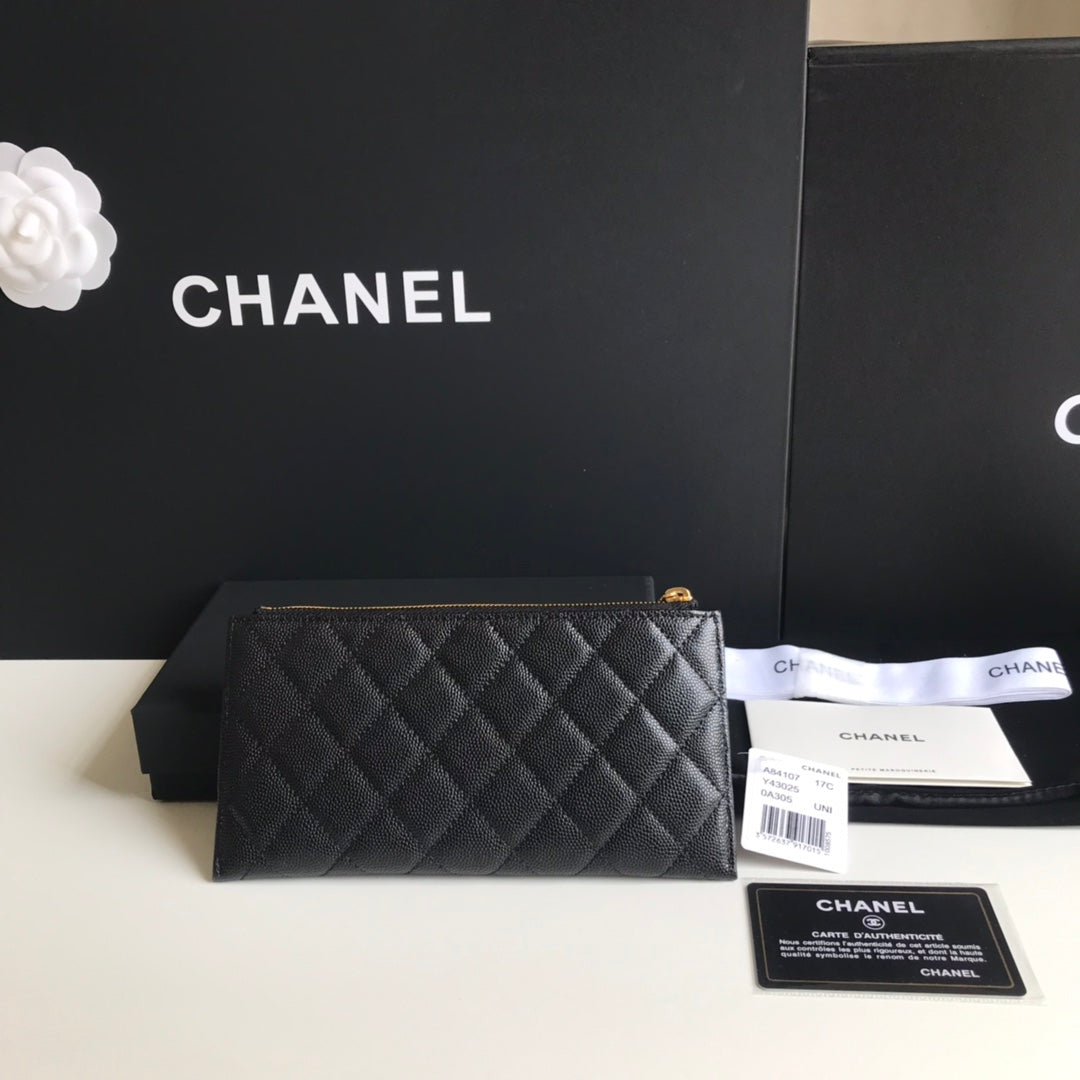 Chanel 拉鍊長夾卡包-扁長夾-黑色荔枝皮金釦