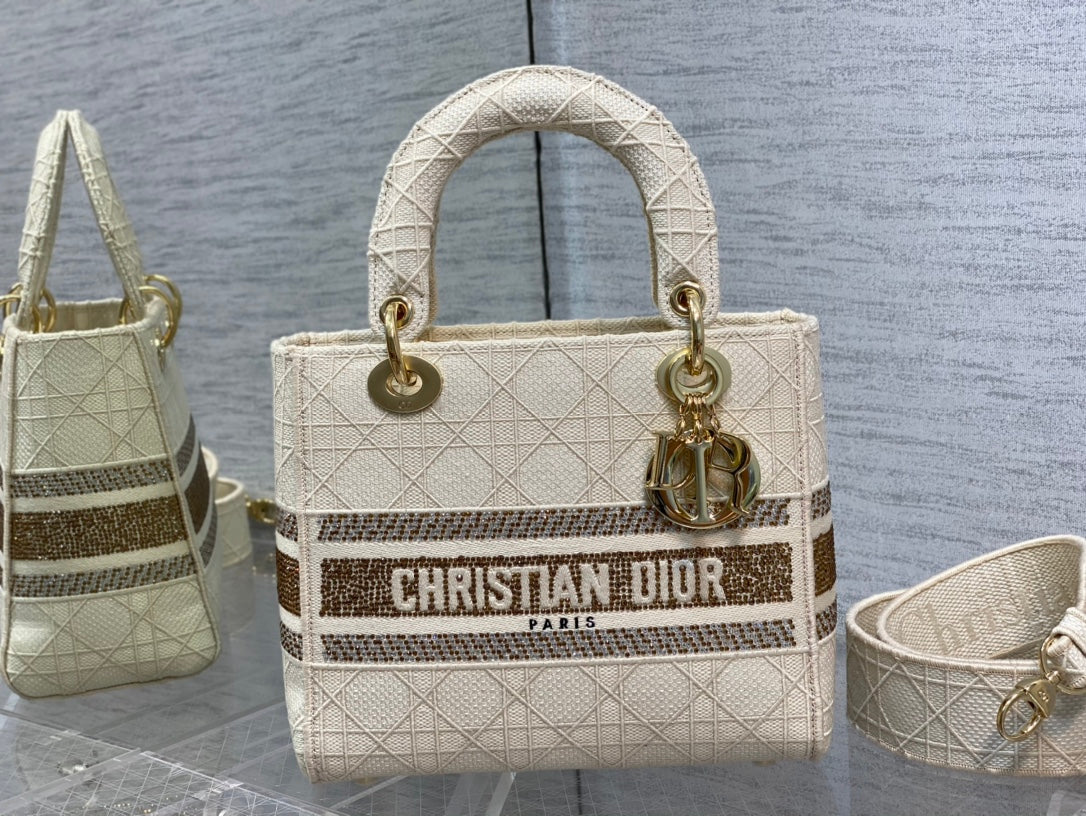 迪D家 Lady D-Lite黛妃包-刺繡白金色-24cm