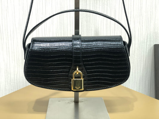 賽C家-Mini Tabou Clutch 鎖頭飾腋下包 黑色 蜥蜴紋牛皮壓紋