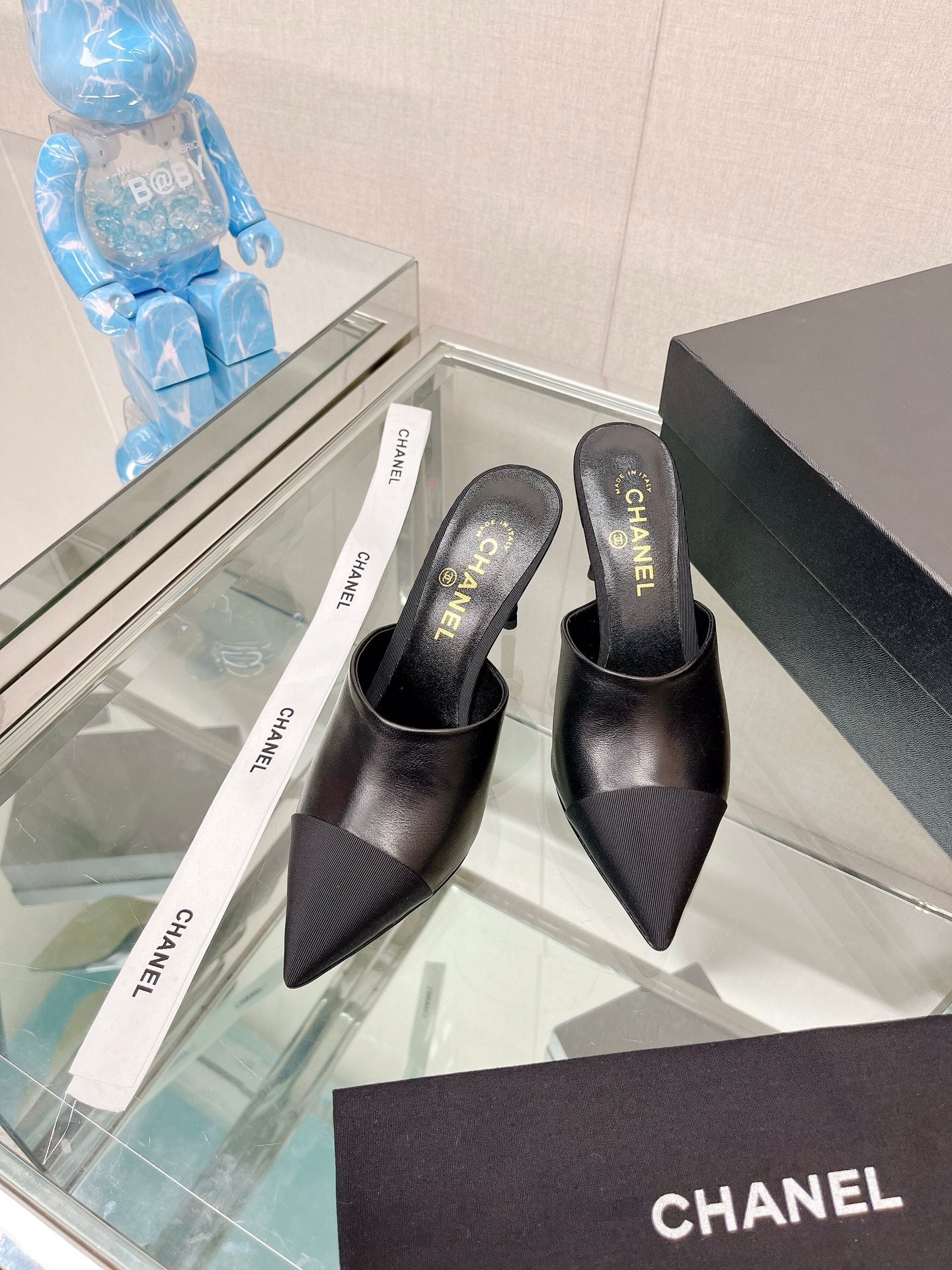 小香家-coco珍珠高跟拖鞋 8.5cm 黑色