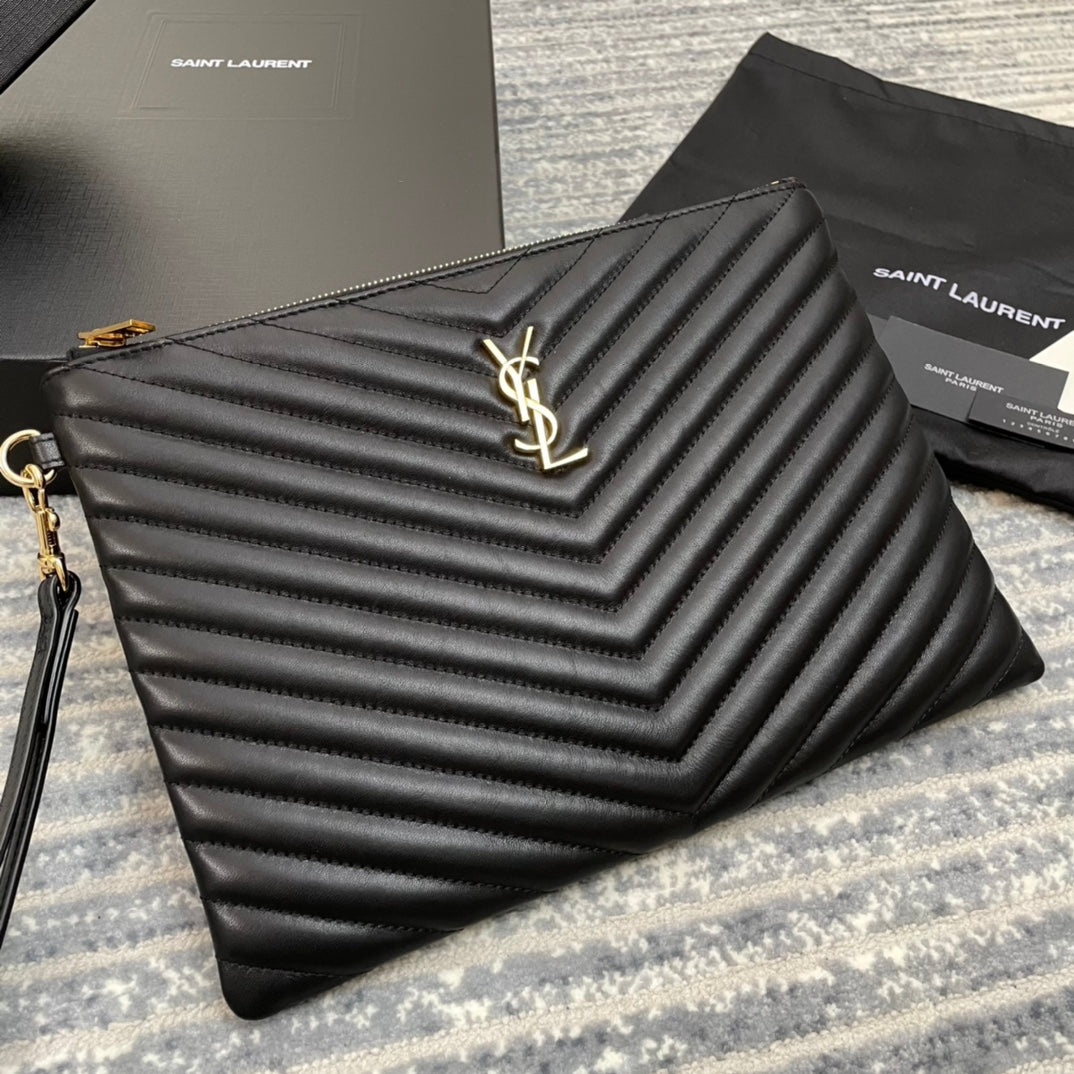 YSL 經典MONOGRAM中號絎縫皮革手包-黑色小牛皮金扣