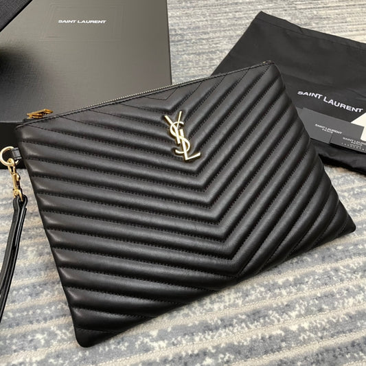 YSL 經典MONOGRAM中號絎縫皮革手包-黑色小牛皮金扣