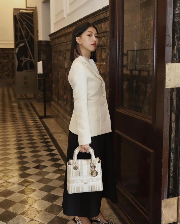 Dior Lady D-Lite黛妃包-帆布刺繡-米色條紋