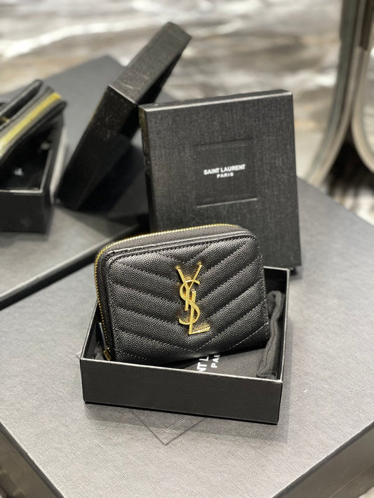 YSL 拉鍊短夾 黑色金扣