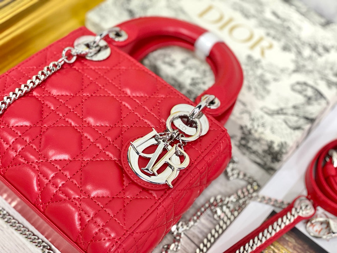 Dior-Mini Lady Dior手袋-三格黛妃-17cm -紅色銀釦