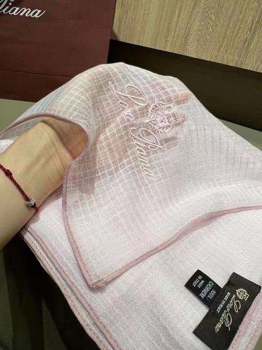 L-Piana 華夫格彩邊水毛刺繡長巾-100%羊絨-90*200cm