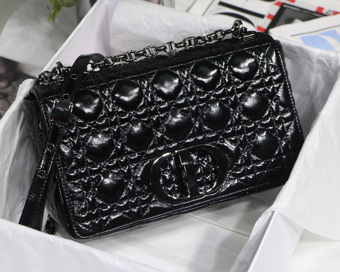 Dior Caro 褶皺漆皮系列 中號25cm-黑色