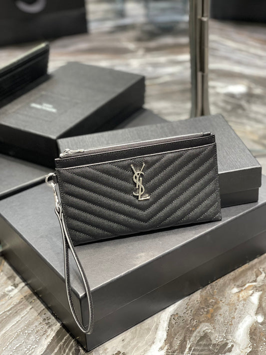 YSL 拉鍊手拿包 扁長夾 黑色銀扣