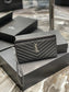 YSL 拉鍊手拿包 扁長夾 黑色銀扣