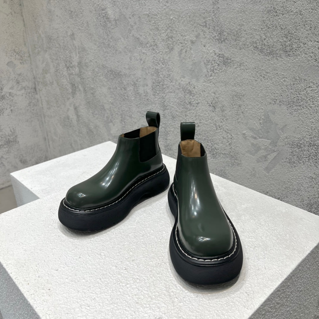 B編織-22SS 英倫復古低筒靴 男女同款 軍綠色