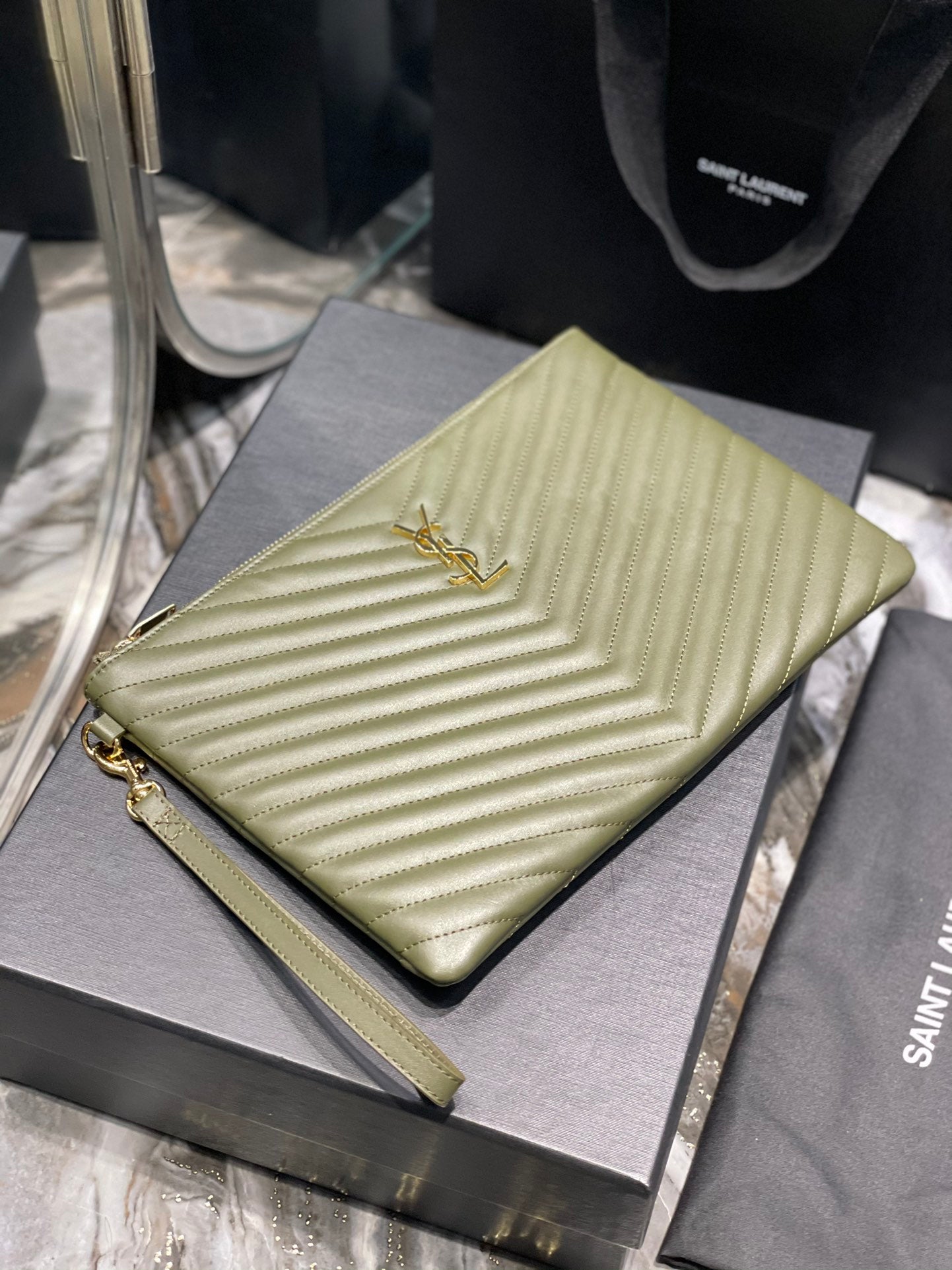 YSL_提花拼接文件手拿包-綠色金扣-30cm