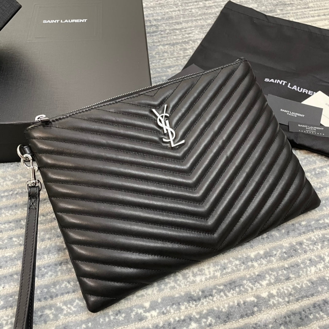 YSL 經典MONOGRAM中號絎縫皮革手包-黑色小牛皮銀扣