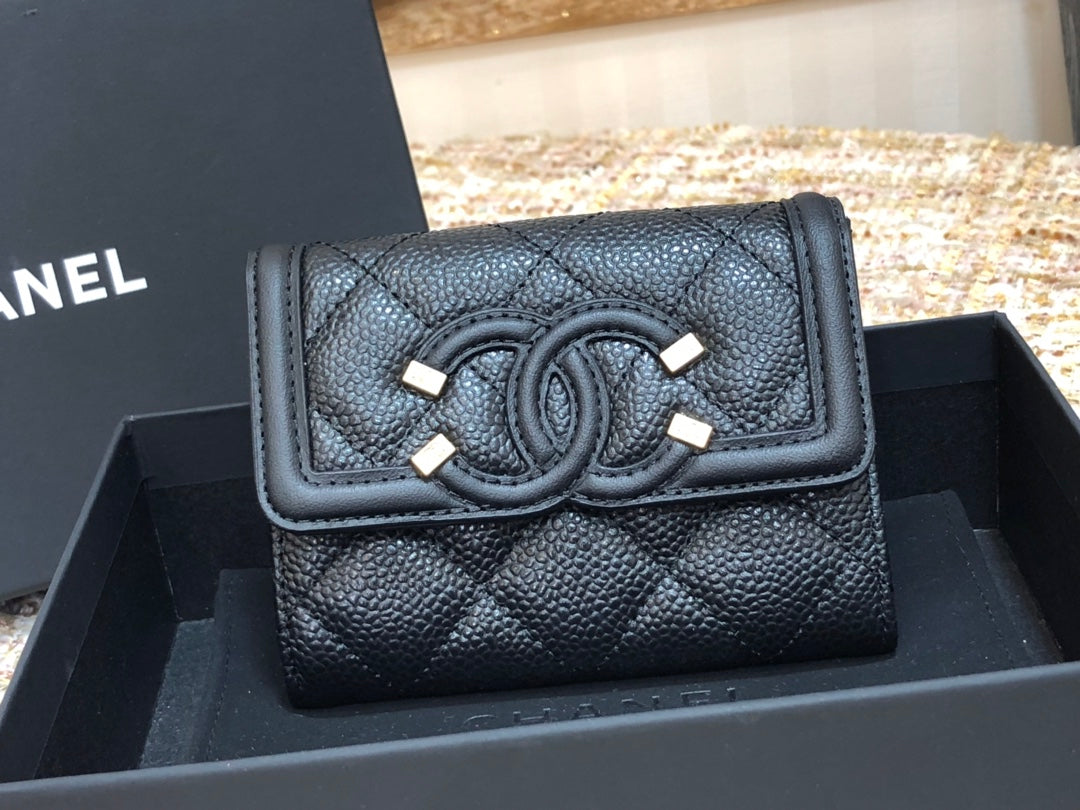 Chanel 復古CC荔枝牛皮-黑色翻蓋雙層卡包-仿舊五金