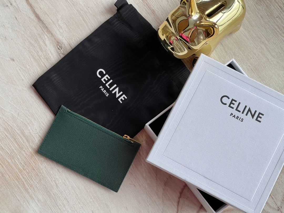 Celine 粒面小牛皮拉鍊卡包-墨綠
