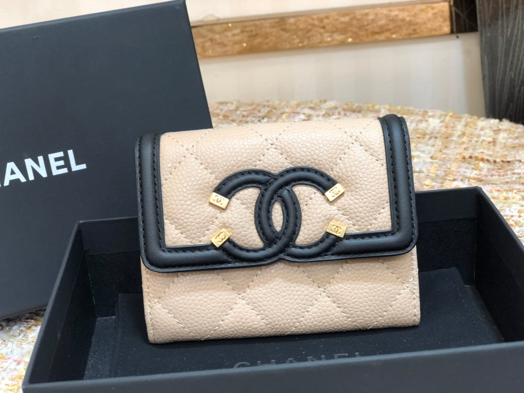 Chanel 復古CC荔枝牛皮-黑杏色翻蓋雙層卡包-仿舊五金