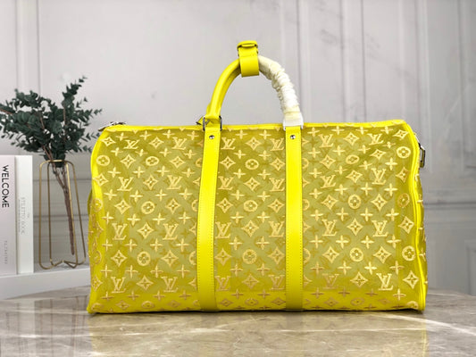 Lou-Keepall 50 旅行袋 老花刺繡圖黃色