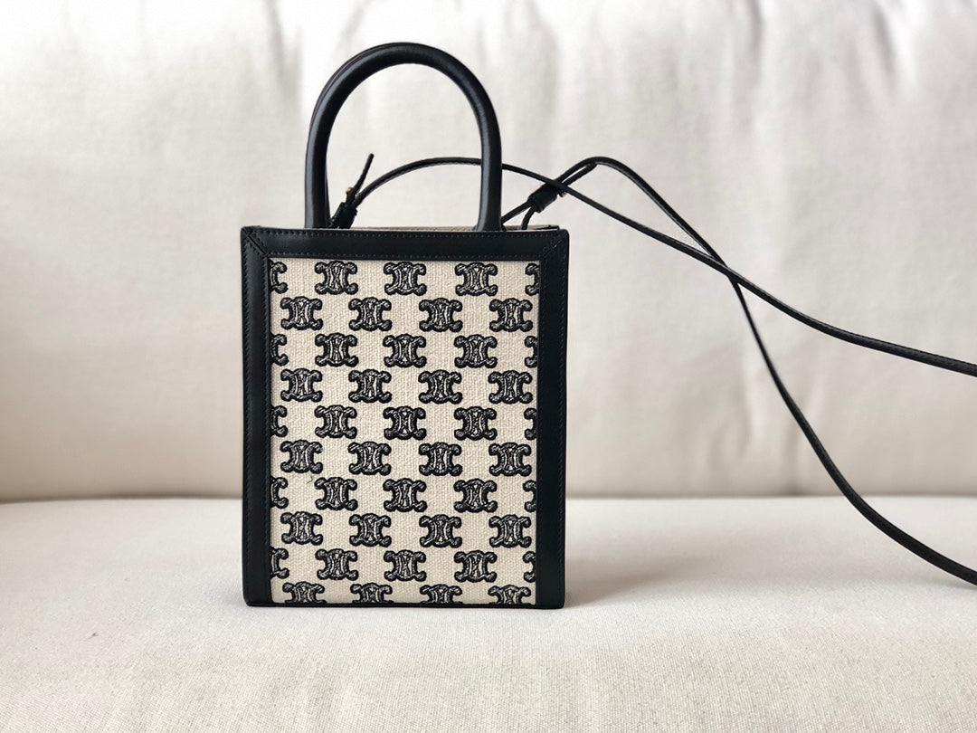 Celine CABAS 迷你TRIOMPHE刺繡織物豎款手袋