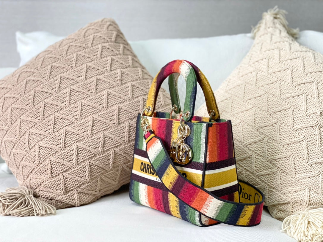 Dior Lady D-Lite黛妃包-帆布刺繡-多色條紋