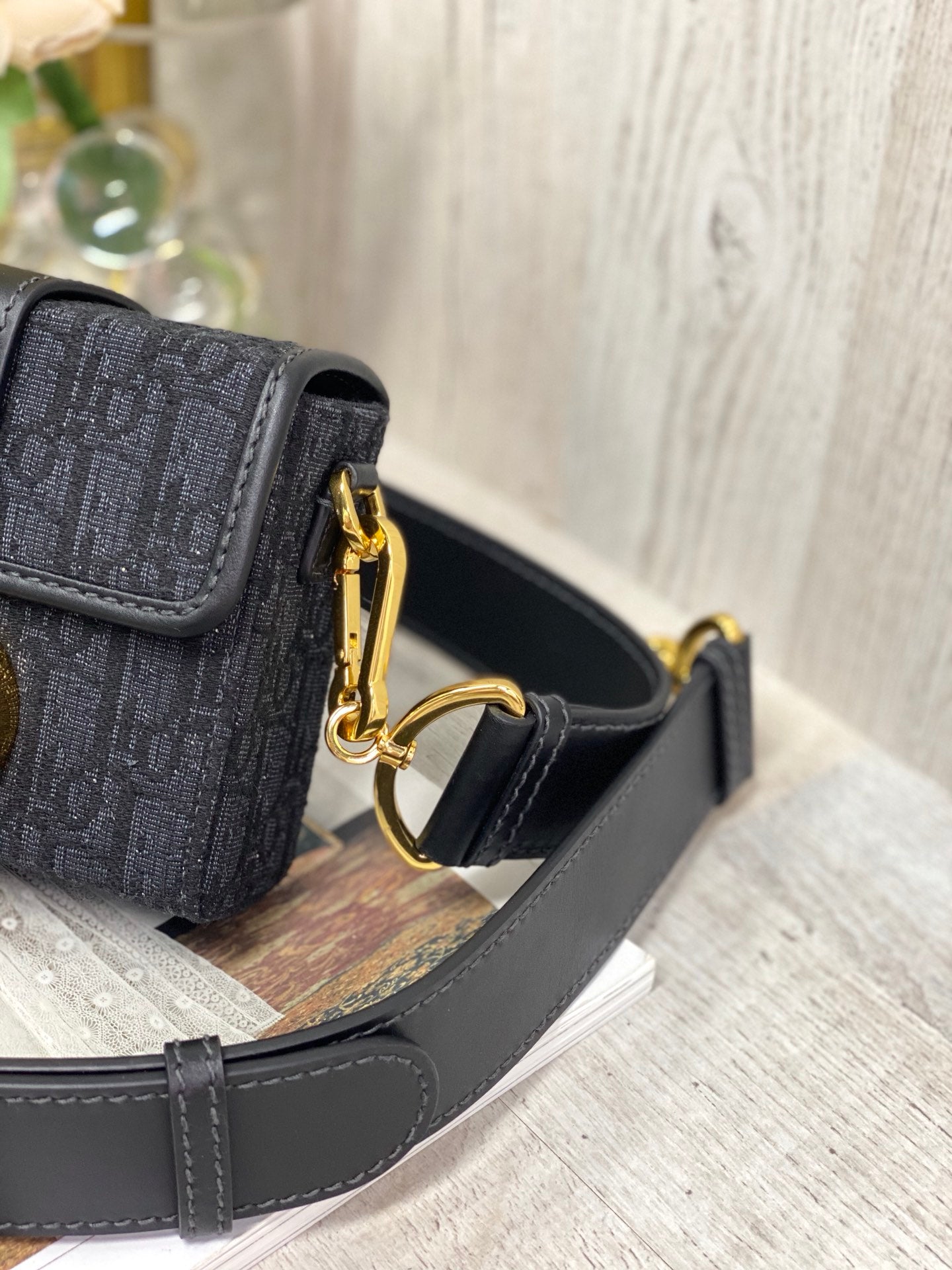 Dior 蒙田 Mini Box-帆布刺繡-金扣-17.5cm-黑