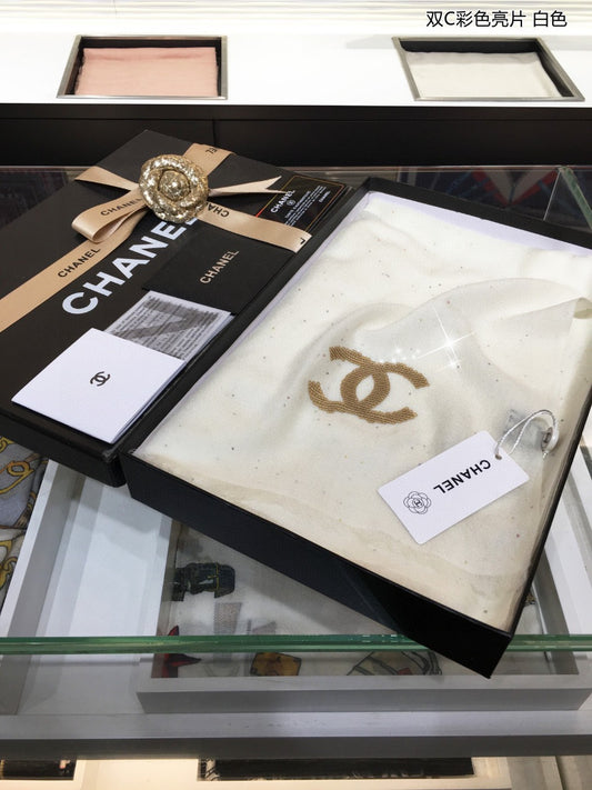 小香家-雙C彩色亮片長圍巾 100*200cm 100%頂級純羊絨 白色