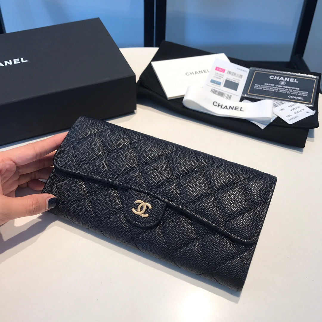 Chanel CF翻蓋長夾-黑色荔枝皮金釦
