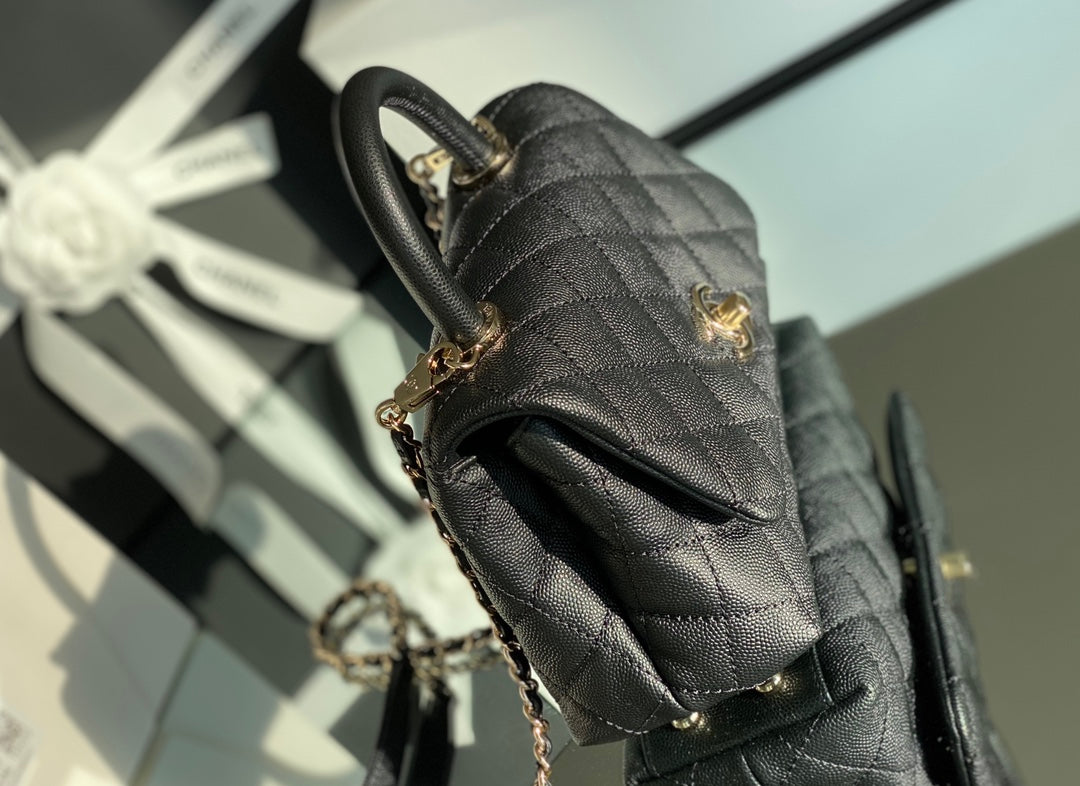 Chanel mini coco handle-黑色球紋牛皮-淡金扣