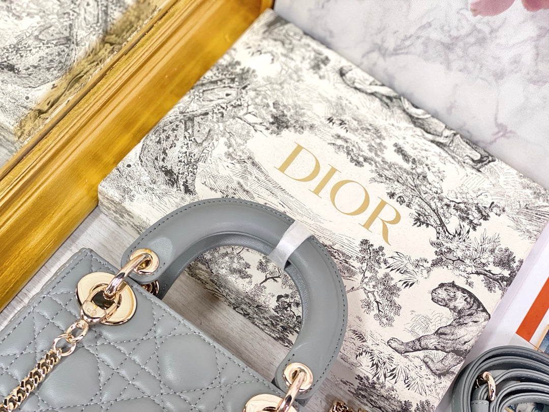 Dior-Mini Lady Dior手袋-三格黛妃-17cm-石灰色金扣