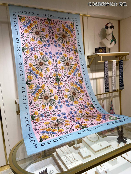 古G家-邊框花卉圍巾 110*200cm 100%頂級羊絨