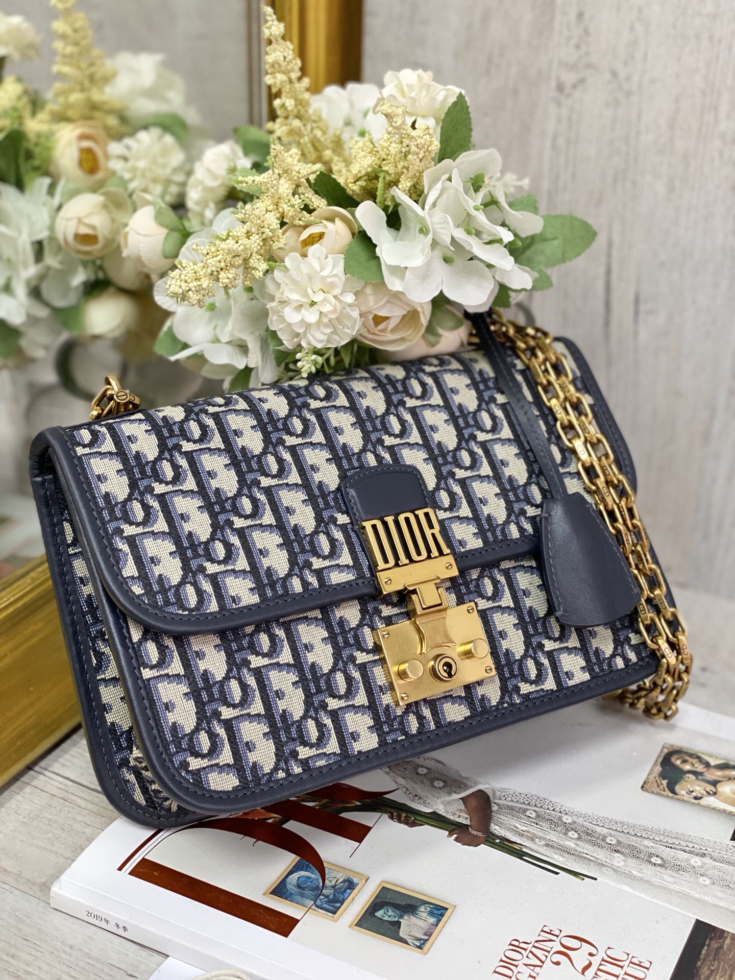 Dior WOC 鏈條包-帆布刺繡-深藍色老花