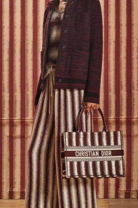 Dior Book Tote-小號36.5cm-酒紅色條紋