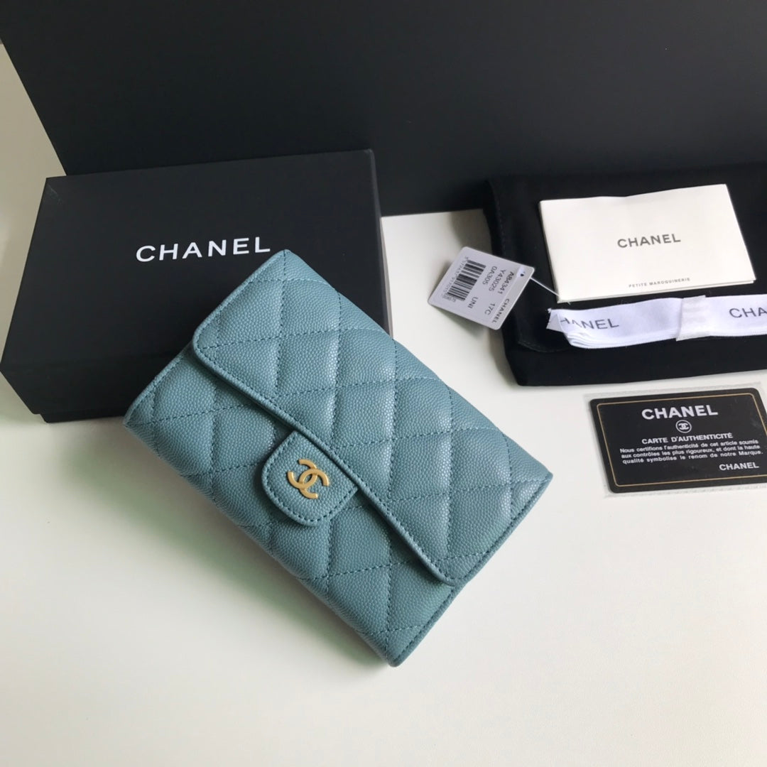 Chanel CF 三折中夾-霧霾藍荔枝皮金釦