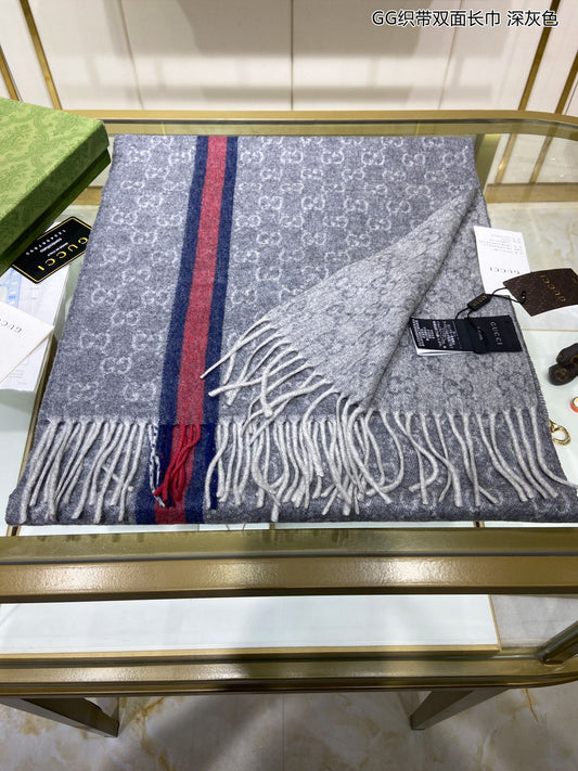 古G家-織帶雙面長圍巾 39*180cm 100%羊絨 深灰色