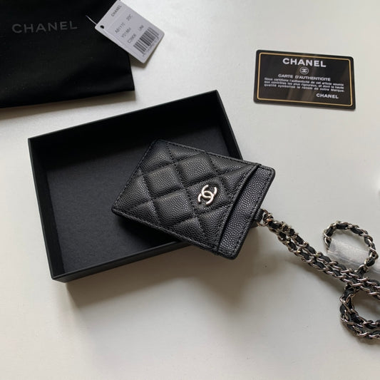 Chanel 證件套-黑色荔枝皮銀扣