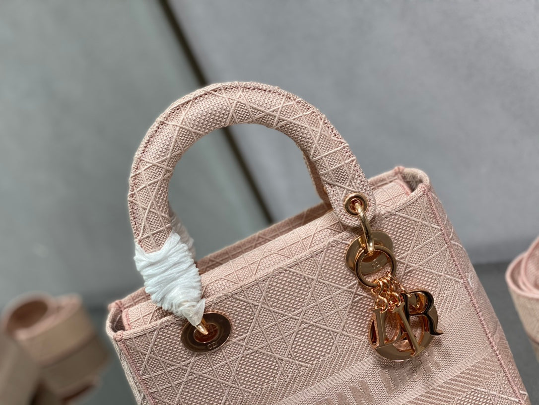 Dior Lady D-Lite黛妃包-刺繡粉色-24cm