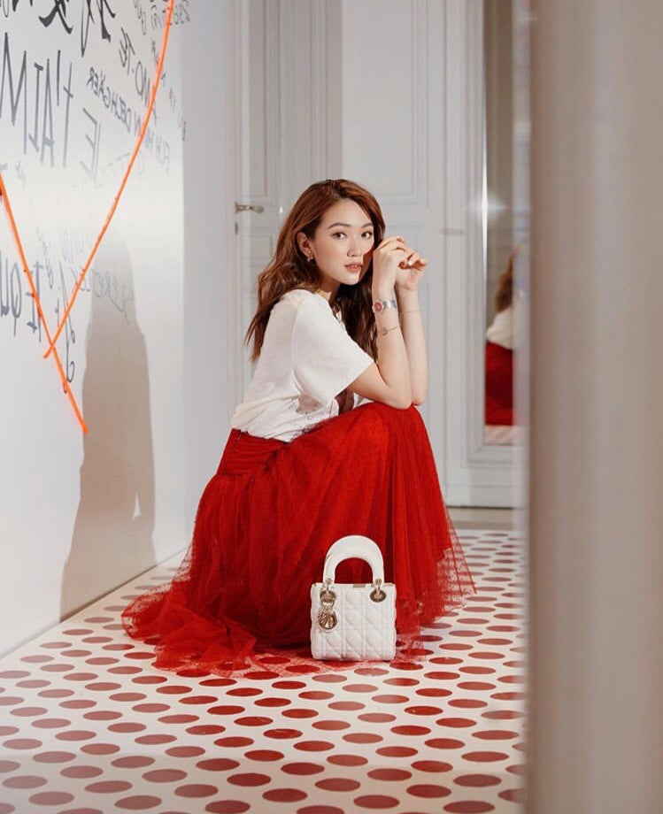 Dior Lady Dior-三格黛妃包-金扣+紅色珐瑯心型吊扣-17cm-白色