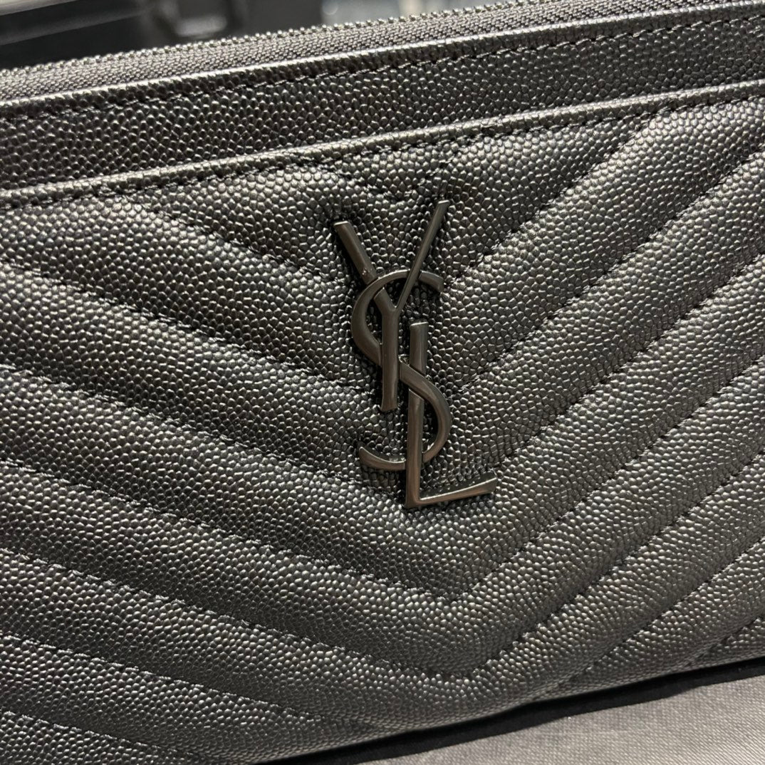 YSL 拉鍊手拿包 扁長夾 黑色黑扣